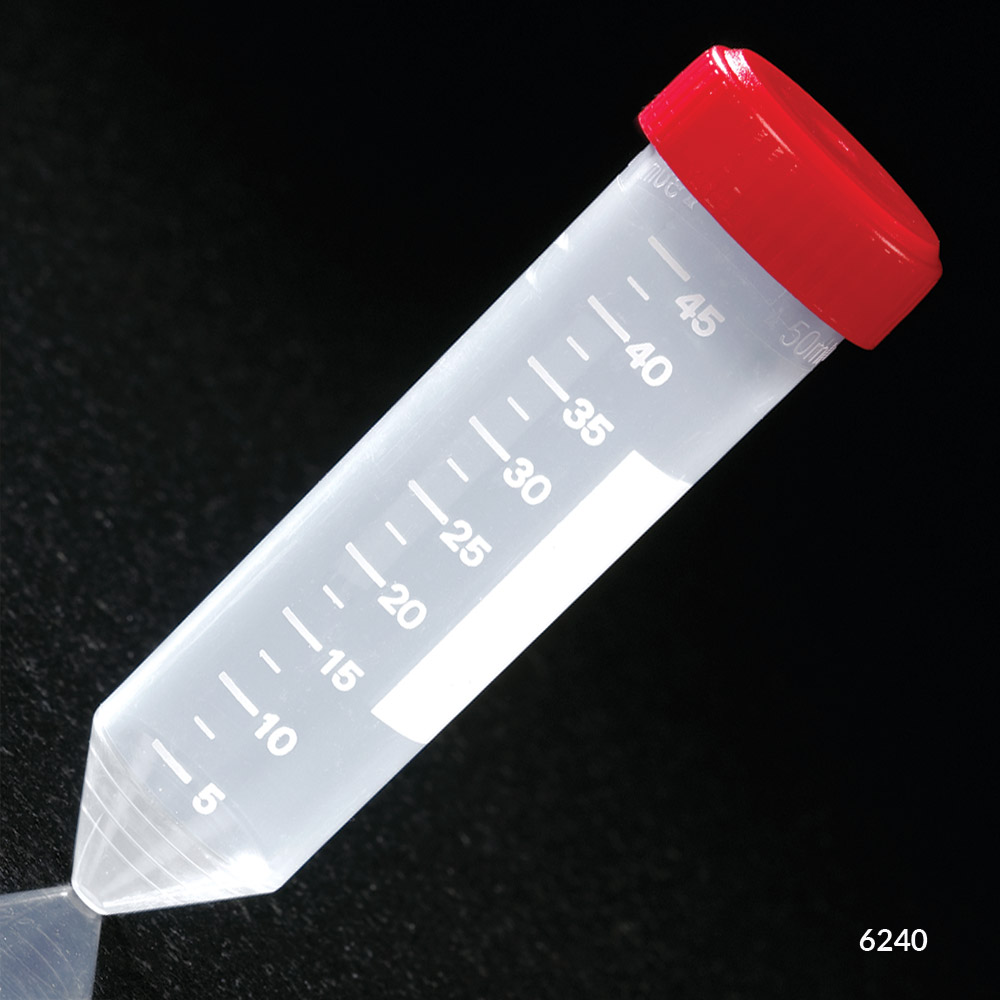 Globe Scientific Centrifuge Tube, 50mL, with Attached Red Screw Cap, PP, Printed Graduations, 25/Bag, 20 Bags/Unit Image